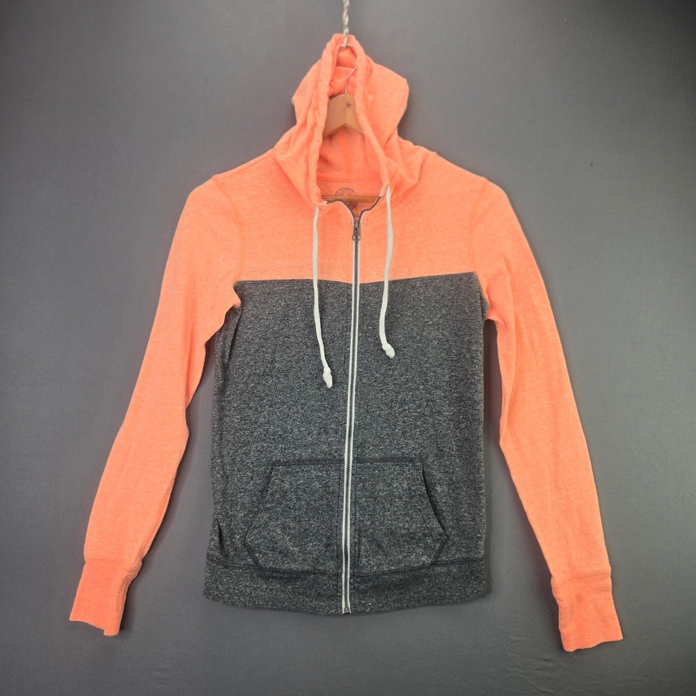 SO Full Zip Hoodie Colorblock Neon Orange Grey Small Lightweight Sweatshirt